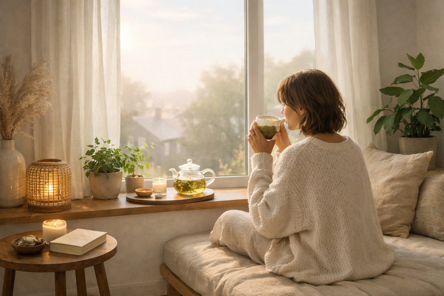 Peaceful morning scene with a person sitting by a window drinking herbal tea, soft natural light, minimalist cozy interior with plants, calm and serene atmosphere
