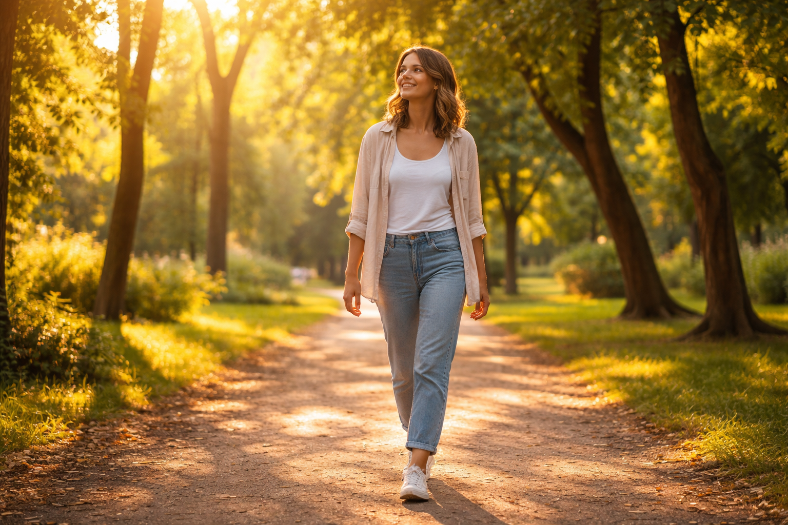 Person walking slowly in a peaceful park during golden hour, dappled sunlight through trees, relaxed posture, wellness lifestyle photography style